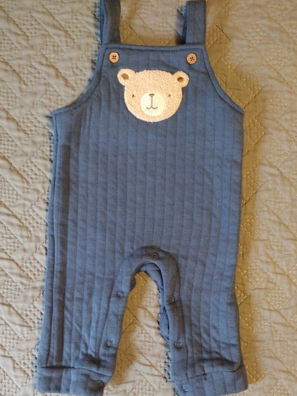 chick pea Navy Quilted Bear Applique Overalls